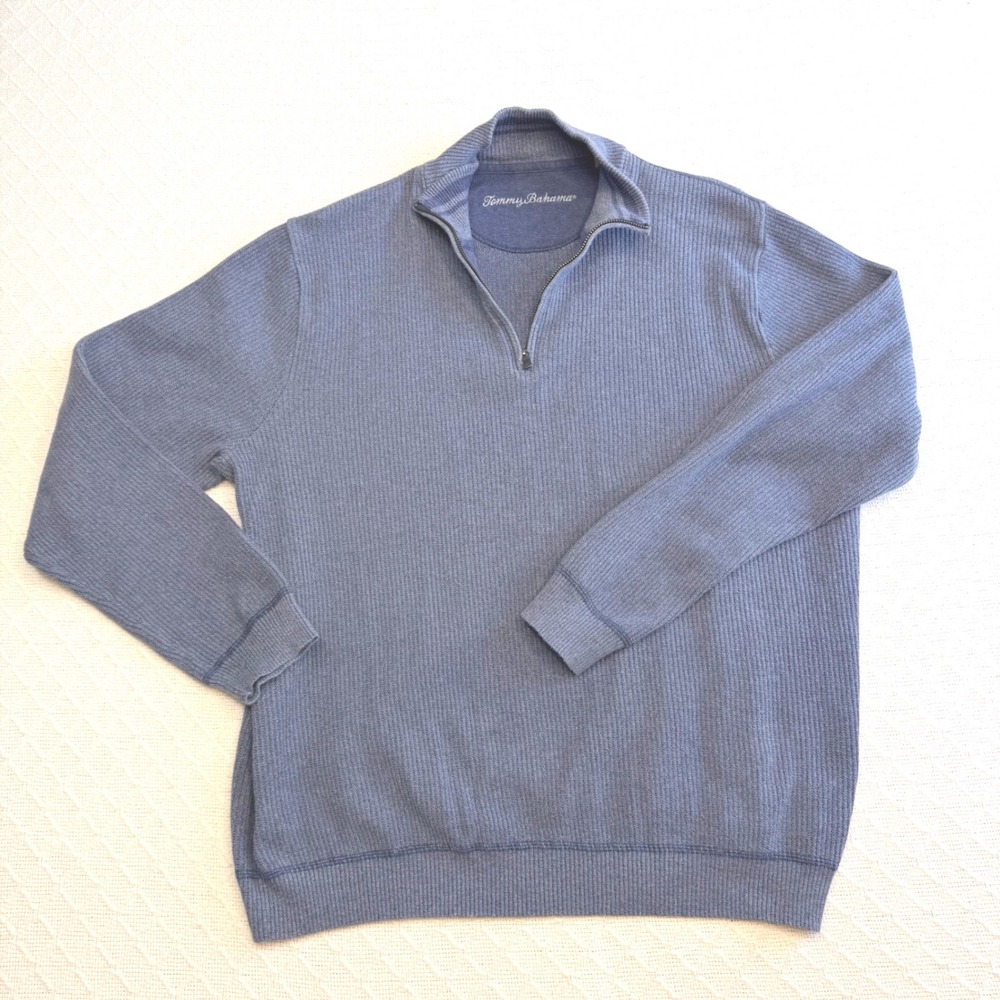 Tommy Bahama Mens Blue Ribbed 100% Cotton Quarter Zip Sweater Large